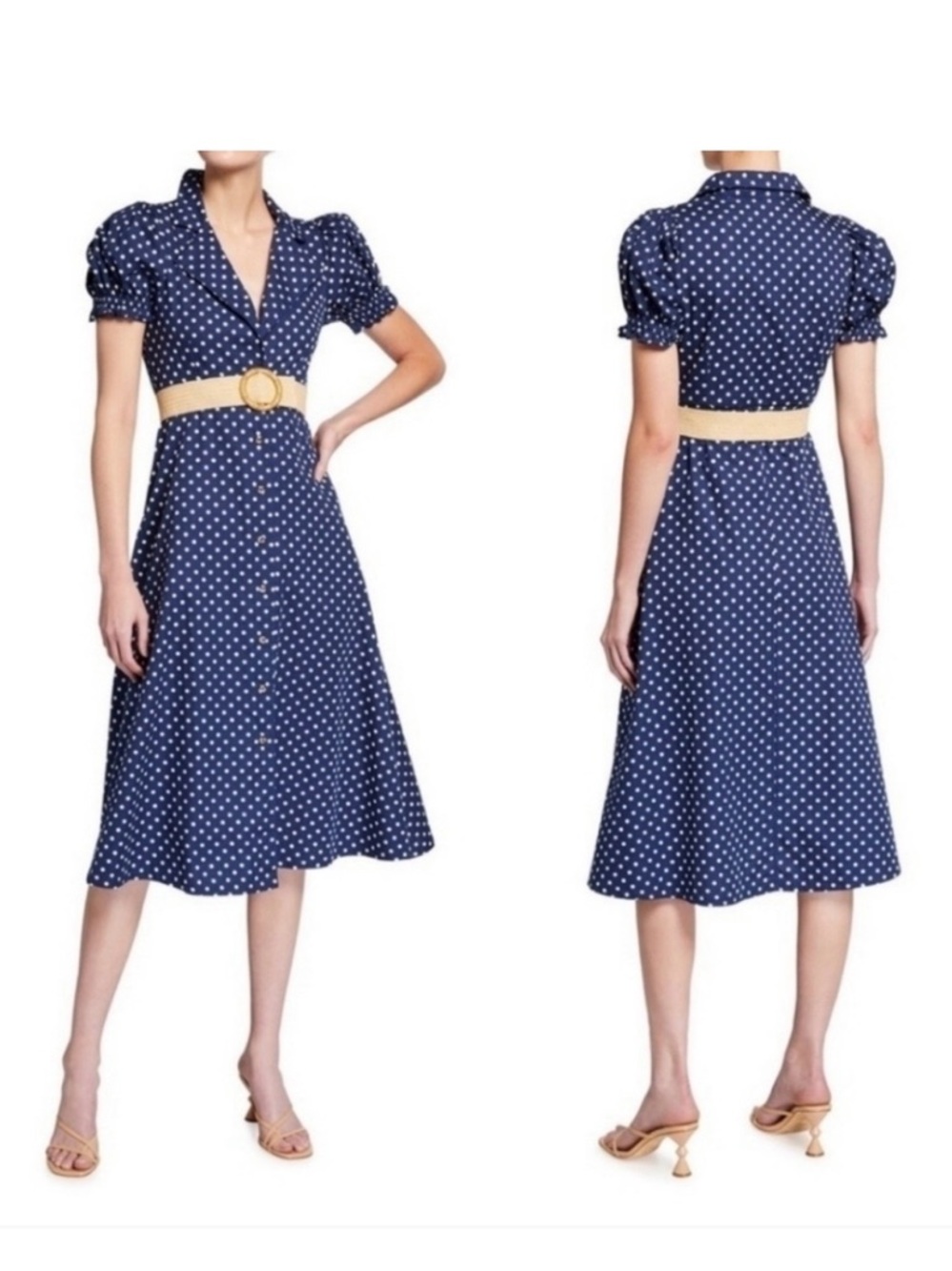 WeWoreWhat Bella midi dress polka dot estate blue button front belted